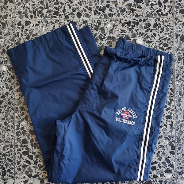 Vintage Polo Ralph Lauren Pantalon de survêtement bleu marine Boutons à pression sur les jambes Double Stripe