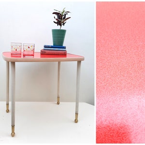 Rare Vintage Red Formica Top Side Table Ribbed & Brass Trim Legs