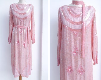 Stunning Vintage Beaded Art Deco Dress Pink Sequins Flapper Style Wedding Cocktail Party Midi Dress