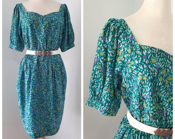 Vintage Custom Made Teal Blue Silk Cocktail Dress Petal Print Turquoise Sweetheart Neckline Short Sleeve