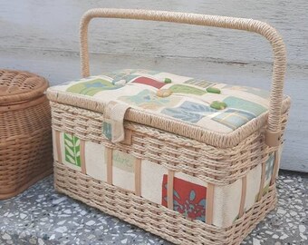 Vintage Prym Fabric Sewing Basket Storage Box Bin Fully Lined