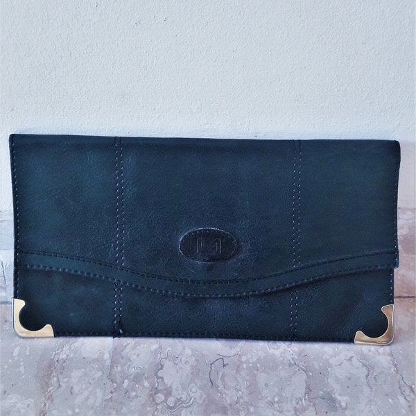 Vintage "LM" Navy Blue Leather Day Envelope Clutch Bag Gold Corner Trim