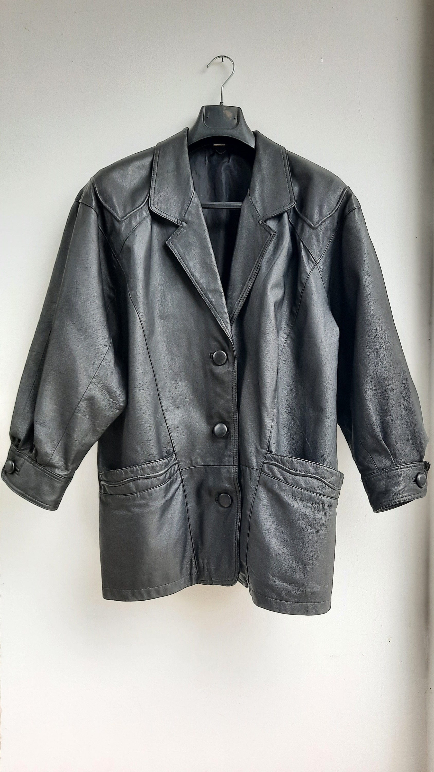 Vintage Black Real Leather Unisex Jacket Coat 80s 90s