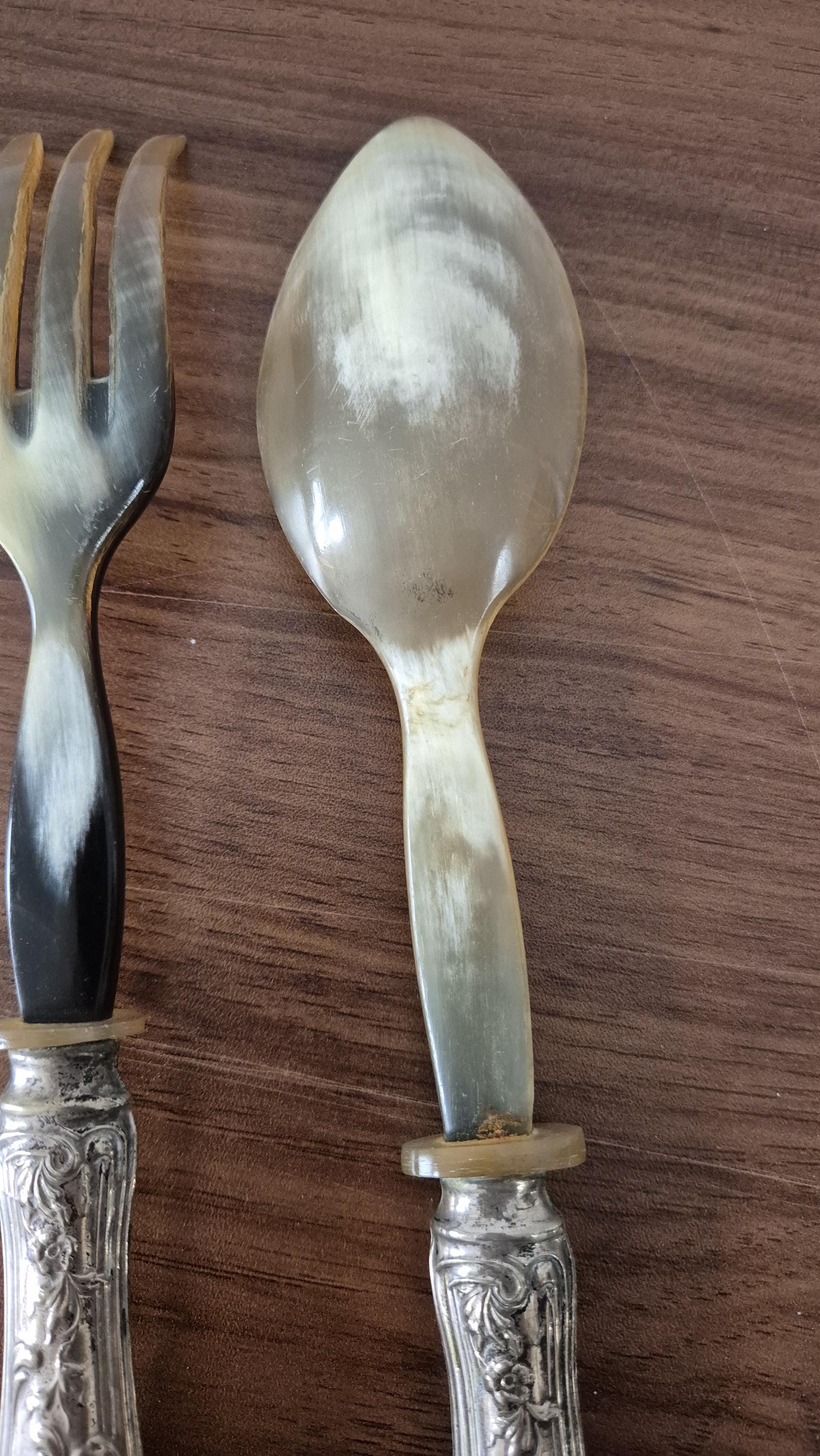 Couverts à Salade Vintage : Cuillère Et Fourchette En Corne Et Métal Argenté