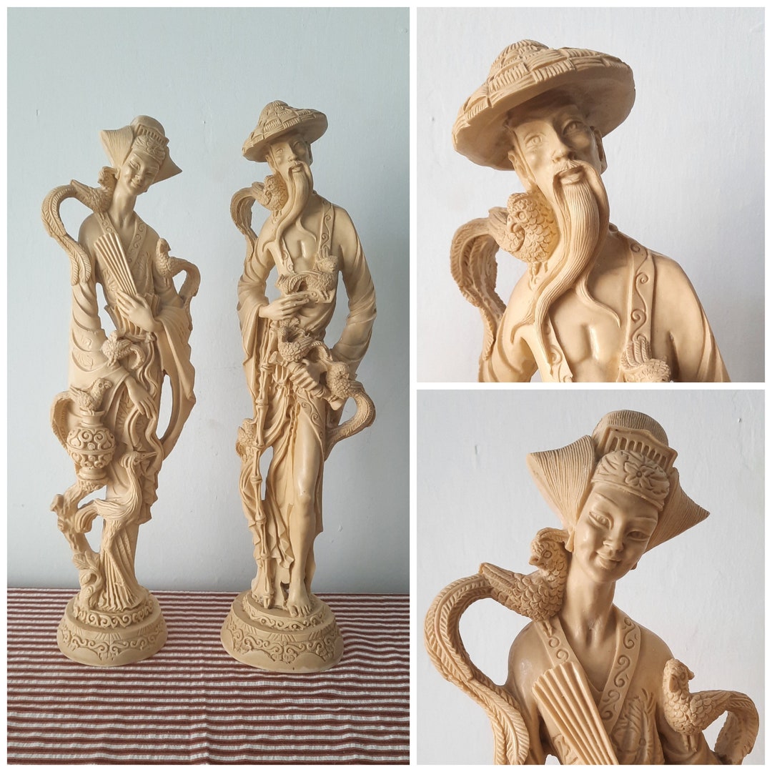 Vintage Heavy Resin Statue Figures Oriental Asian Couple Geisha Lady