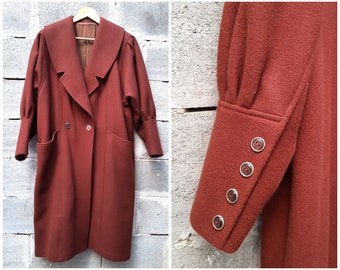 Stunning Vintage Windsmoor Long Brown Wool Coat Double Breasted Pleat Collar Deep Pockets