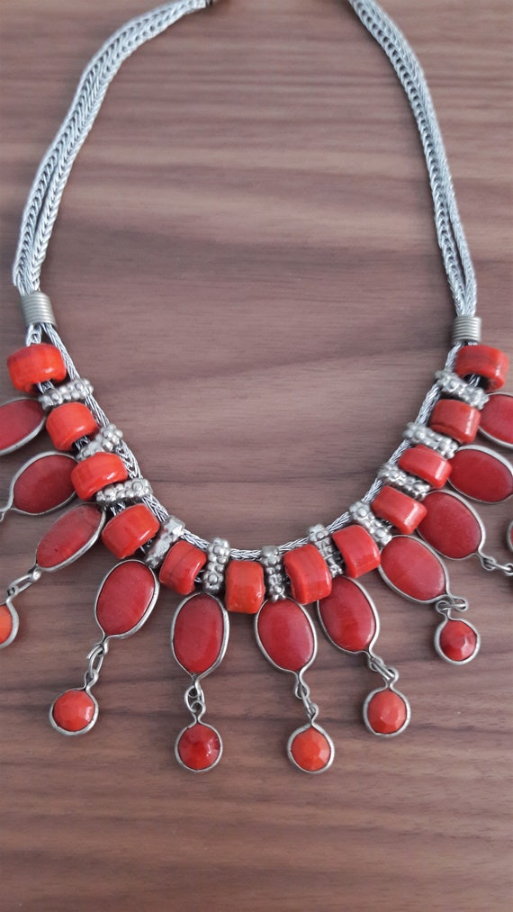 Ethnic Red Ceramic & Stone Metal Chain Chandelier… - image 2