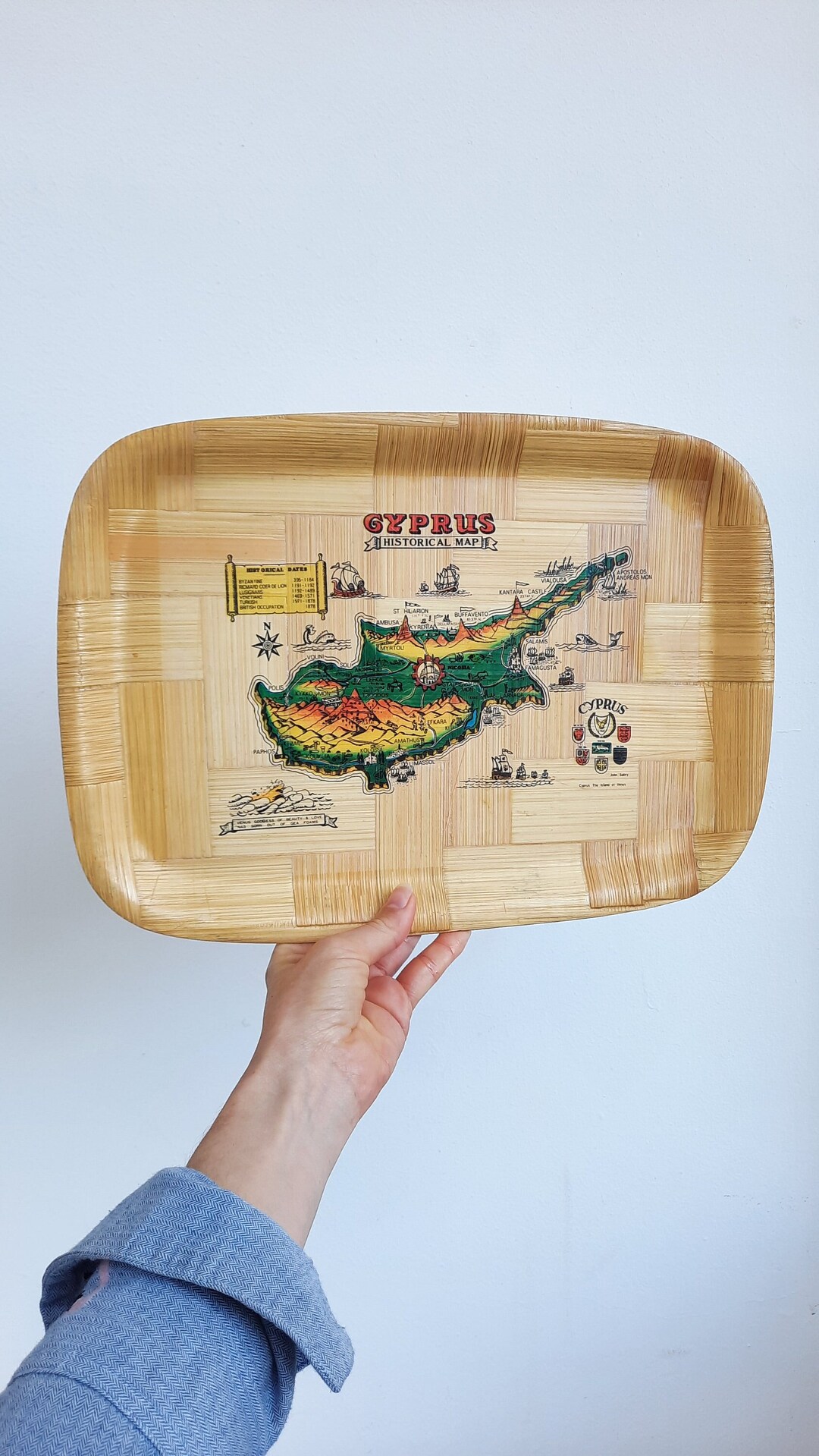 Vintage Bamboo Cyprus Map Serving Tray Souvenir History of Cyprus Retro