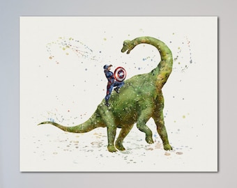 Captain America vs Brachiosaurus Papierdruck oder Leinwand Steve Rogers vs Dinosaur Poster Wanddekor Aquarell Bild Kinderzimmer Dekor