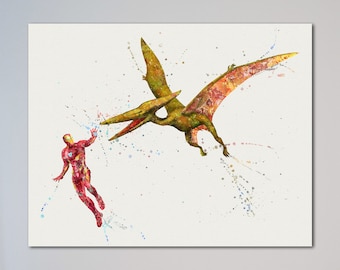 Iron Man vs Pterodactylus Poster Aquarell Tony Stark vs Pterodactylus Hero Print Wandkunst Avenger vs Pterosaur Bildgeschenk