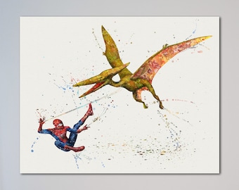 Spider-man vs Pterodactylus Poster oder Leinwand Dinosaurier und Peter Parker pterodactylus vs helden Druck Avenger vs Pterosaur Bild Wandkunst