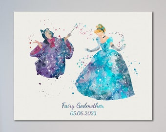 Cinderella and Fairy Godmother Poster Princess Watercolor Print Picture Illustration Kids art Nursery Decor little girl gift for her