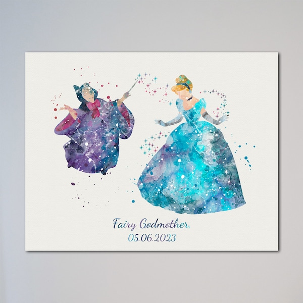 Cinderella and Fairy Godmother Poster Princess Watercolor Print Picture Illustration Kids art Nursery Decor little girl gift for her