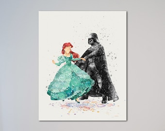 Darth Vader und Ariel die Meerjungfrau Star Wars Poster Aquarell Kunstdruck Geschenk für sie Geschenk für ihn Freundin Geschenk Valentine's Day