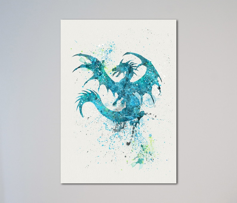 May include: A blue watercolor painting of a dragon with its wings spread out. The dragon is silhouetted against a white background with splashes of blue, green, and gray paint.