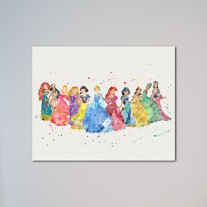 Ariel Belle Tiana Mulan Jasmin Schneewittchen Cinderella Rapunzel Aurora Pocahontas Merida Poster Aquarell Prinzessinen