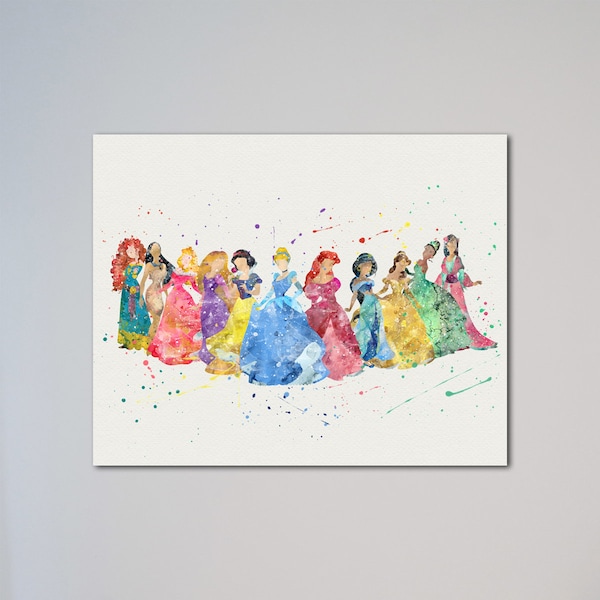 Ariel Belle Tiana Mulan Jasmine Snow White Cinderella Rapunzel Aurora Pocahontas Merida Poster Watercolor Print Princesses