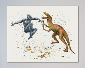 Black Panther vs Raptor Poster Picture Painting Print Black Panther T&#39;Challa vs Dinosaur Velociraptor Watercolor Wall Decor Art Decor Gift
