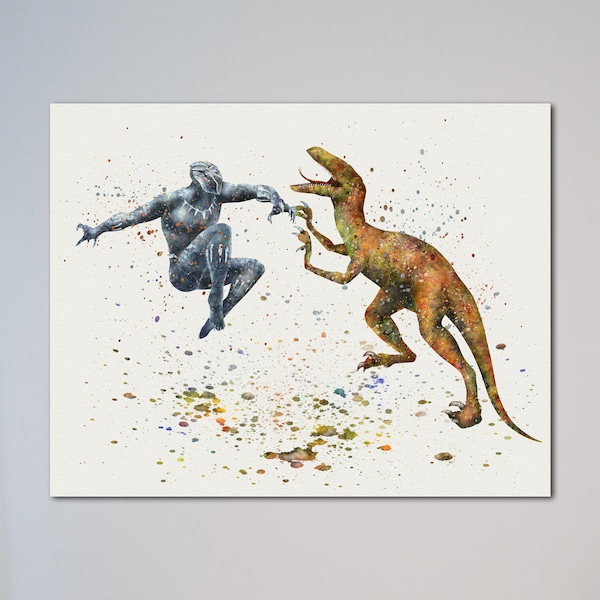 Black Panther vs Raptor Poster or Canvas Print Black Panther T'Challa vs Dinosaur Velociraptor Watercolor Wall Decor Art Decor Gift