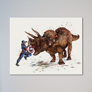 Captain America vs Triceratops Poster Steve Rogers vs Dinosaur Watercolor Print Wall Decor Fine Art Home Decor Picture Painting Print