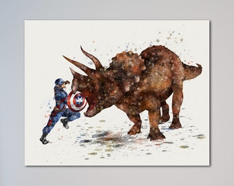 Captain America vs Triceratops Poster Steve Rogers vs Dinosaur Watercolor Print Wall Decor Fine Art Home Decor Picture Painting Print