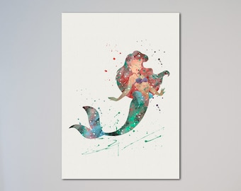 La Sirenita Ariel Cartel Acuarela Impresión Vivero Arte Decoración