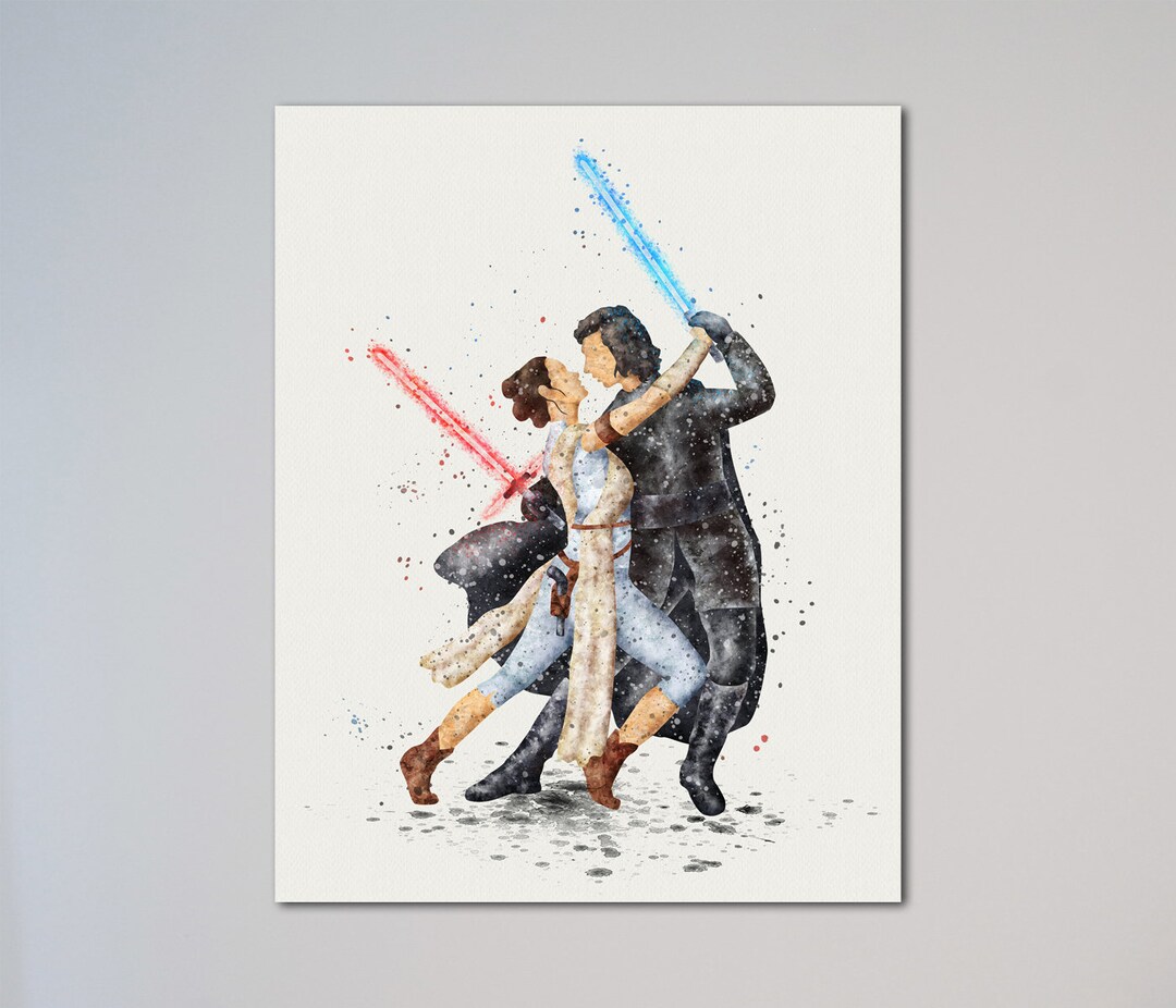 Kylo Ren and Rey Watercolor Art Print, Star Wars Poster or