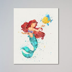 Ariel The Little Mermaid and Flounder Poster Watercolor Print Kids art Wall Nursery Art Decor