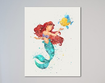 Ariel The Little Mermaid and Flounder Poster Watercolor Print Kids art Wall Nursery Art Decor