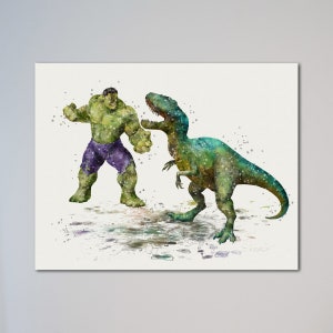 Hulk vs T. Rex Tyrannosaurus Poster Watercolor Print Bruce Banner Wall Decor Art The Incredible Hulk vs T-rex Dinosaur