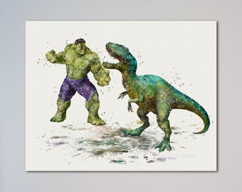 ハルク vs T. レックス ティラノサウルス ポスター 水彩画