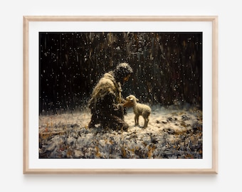 Jesus Christus findet das verlorene Lamm und hält es in Seinen Händen, Jesus hinterlässt das 99 Christliche Plakat digital Lost Sheep Parable The Good Shepherd