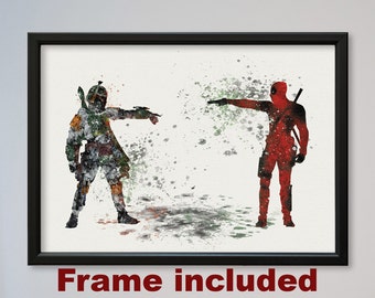 Star Wars Deadpool vs Boba Fett Bounty Hunter Poster Watercolor Print Wall Decor Fine Art Movie Home Wall Hanging Star Wars Fans gift FRAMED