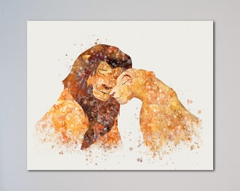 Simba and Nala Love Poster Watercolor Print Valentine's Day gift for her The Lion King