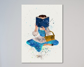 Belle Die Schöne und das Biest Aquarell Poster oder Leinwand Bild Malerei Print Belle Lesebuch Wohnkultur Kinderzimmer Dekor