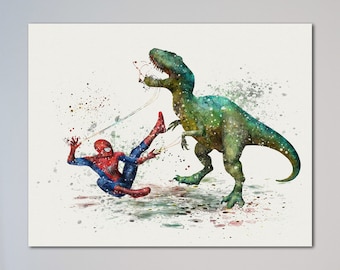 Spider-Man vs T. Rex Tyrannosaurus Poster Picture Peter Parker vs Dinosaur T-rex Watercolor Wall Decor Spiderman Art Decor Painting Print