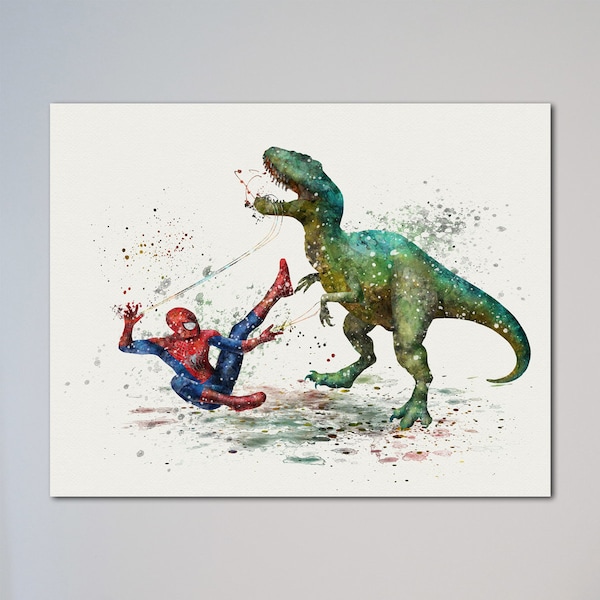 Spider-Man vs T. Rex Tyrannosaurus Poster Picture Peter Parker vs Dinosaur T-rex Watercolor Wall Decor Spiderman Art Decor Painting Print