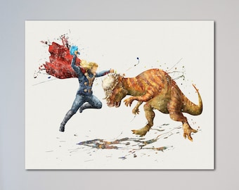 Thor vs Pachycephalosaurus Poster Aquarell Druck Wanddekor Kunst Avenger vs Dinosaur