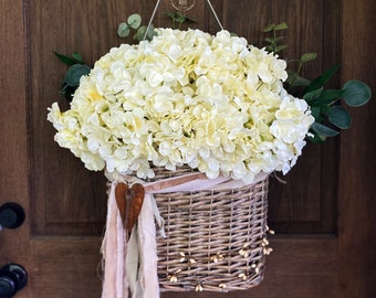 Large floral, door decor, basket, door hanger, interchangeable ribbons, floral arrangement, hydrangeas, cream, flowers, gift, little box