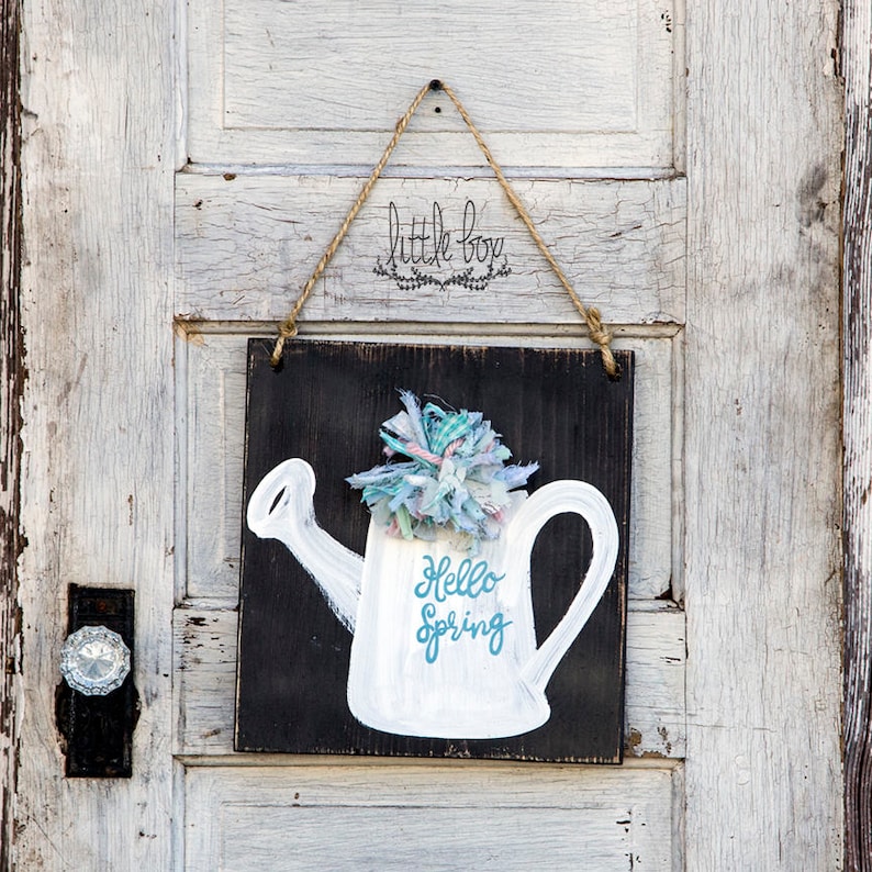vintage decor door hanger hello spring door sign watering can watering can decor Hello sign