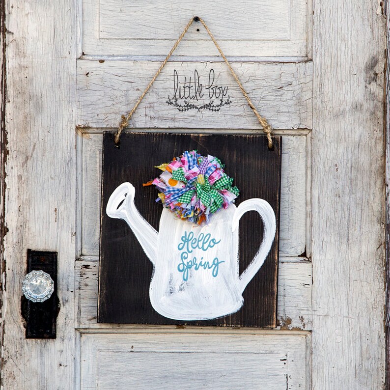vintage decor door hanger hello spring door sign watering can watering can decor Hello sign