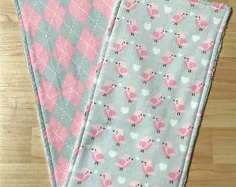 baby bird/chick burp cloths set of 2 - pink and gray burp cloths - baby burp cloths - baby girl burp cloths - argyle burpies - baby gift
