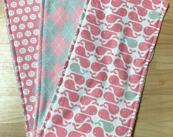 Pink and Gray  Whale burp cloths set of 3 -  Buttons Argyle print burp cloths - baby girl burp cloths - best ever burp cloths - burp rags