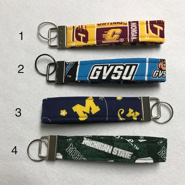 Michigan college key fobs - GVSU wristlet - CMU key ring -  U of M key lanyard - MSU key chain - wristlet key fob -teacher gift