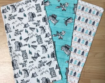 blue bear burp cloths - set of 3 -blue and gray burp cloths  - baby boy burp rags - blue burpees - woodlandi animal burp cloths - fox