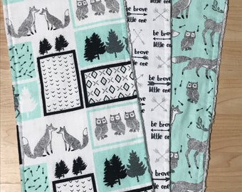 forest animal burp cloths - set of 3 - wolf burp rags - be brave burp cloths - woodland burp cloth - cute handmade baby gift - bear deer