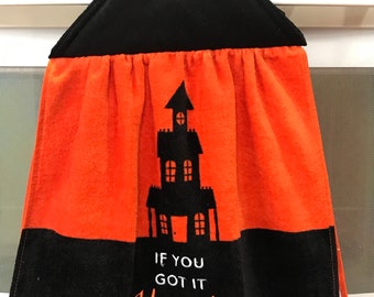 haunt it hanging towel - halloween oven towel -hanging dish towel - reversible double hand towel -kitchen towel - orange and black  towel
