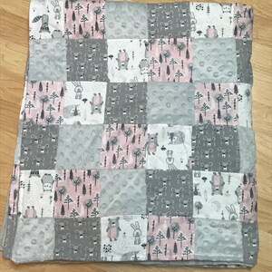 woodland  gray  blanket- lightweight faux quilt baby blanket -tree flannel snuggle blanket -cute bear minky blanket -light grey blanket