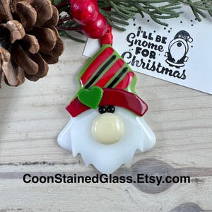 Tree Shaped Gnome Ornament, Fused Glass Red and Green Christmas Gnome, Tree Decoration, Christmas Ornament, Holiday Decor, Garden Gnome