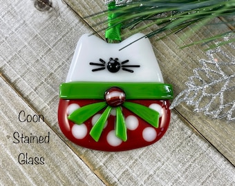 Glass Ornament Cat Gifts Chubby White Cat with a Flower Kitty Ornament Pet Ornament Fused Glass Ornament Spring Decor